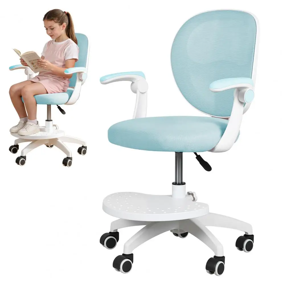 

360° Swivel Mesh Kids Study Chair, Adjustable Footrest Flip Arm Children Computer Chair for Bedroom Learning Room