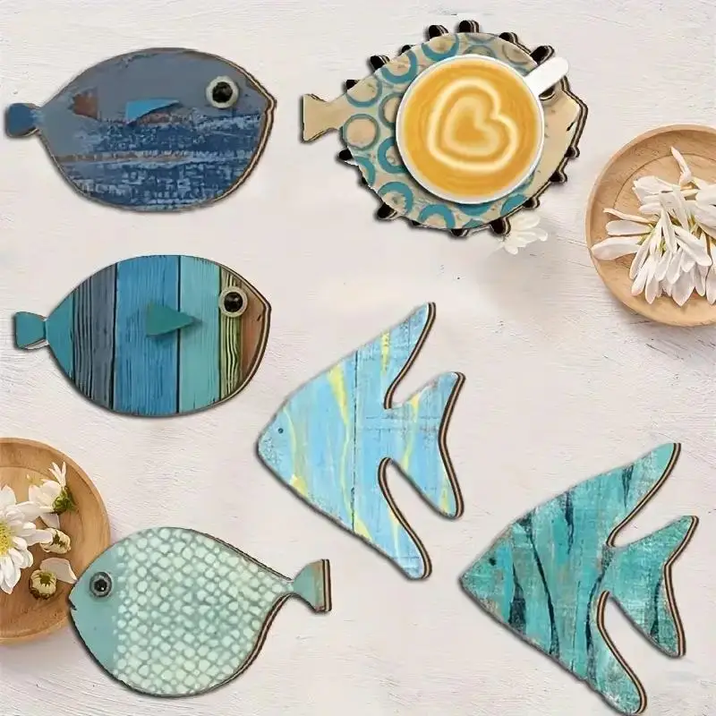 [MA]6Pcs Anti-skidding Heat-Resistant 2D Fish-Shaped Wooden Coasters Beach-Themed Kitchen Decoration Maritime Style Coffee Shop