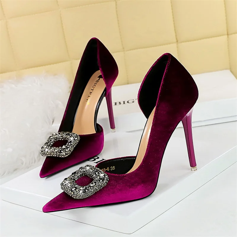 Women Super High Heels Velvet Pumps Shallow Mouth Pointed Toe Side Hollow Mental Rhinestone Crystal Buckle  Purple Shoes