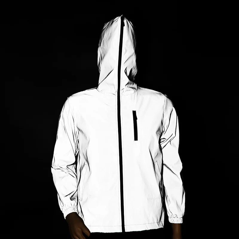 

Men's Hooded Reflective Jacket Night Outdoor Riding Running Windproof Coats Fashion Couple Hip Hop Party Dance Streetwear