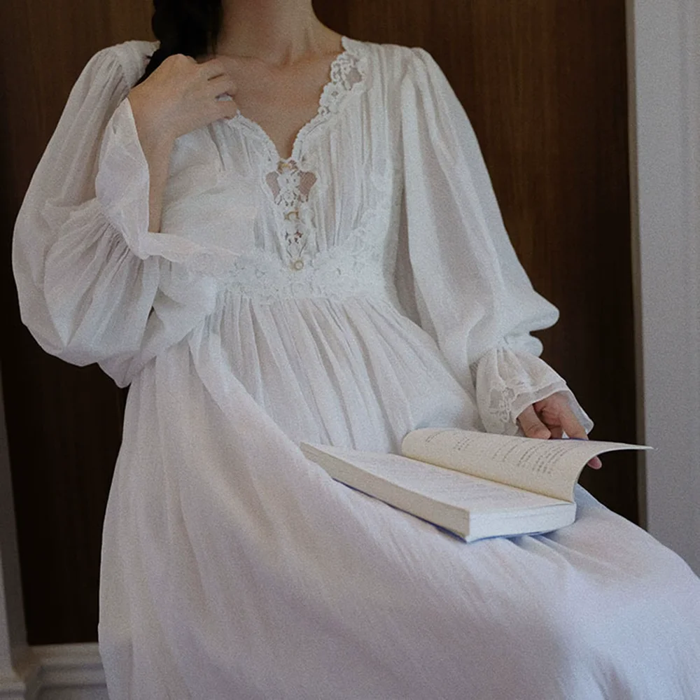 

2026 new women white long sleeve gown lace nightgown ankle length homewear nightdress loungerwear for spring autumn morning gown