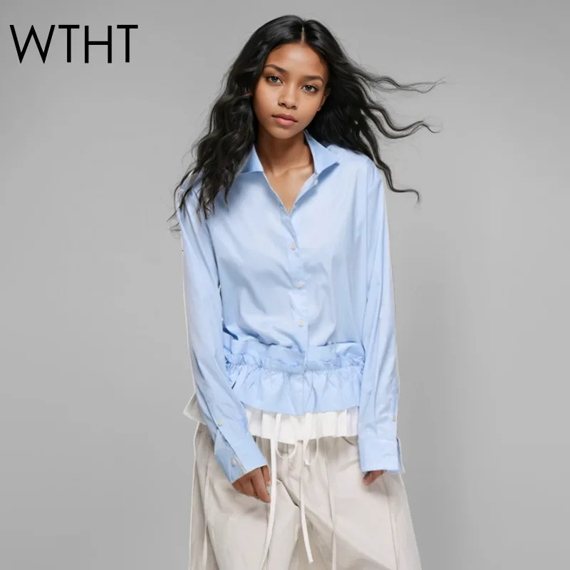 WTHT New France Style Patchwork Puffy Edge Drawstring Design Shirt 2025 Spring Fashion Lapel Long Sleeves Blouse Female 1LS716