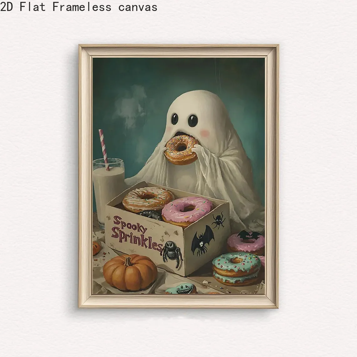 2D Flat, Canvas Painting, 2D Flat, Multiple Sizes Available, Frameless,  Frameless. Cute Ghost and Scary Donuts Wall Art Hall