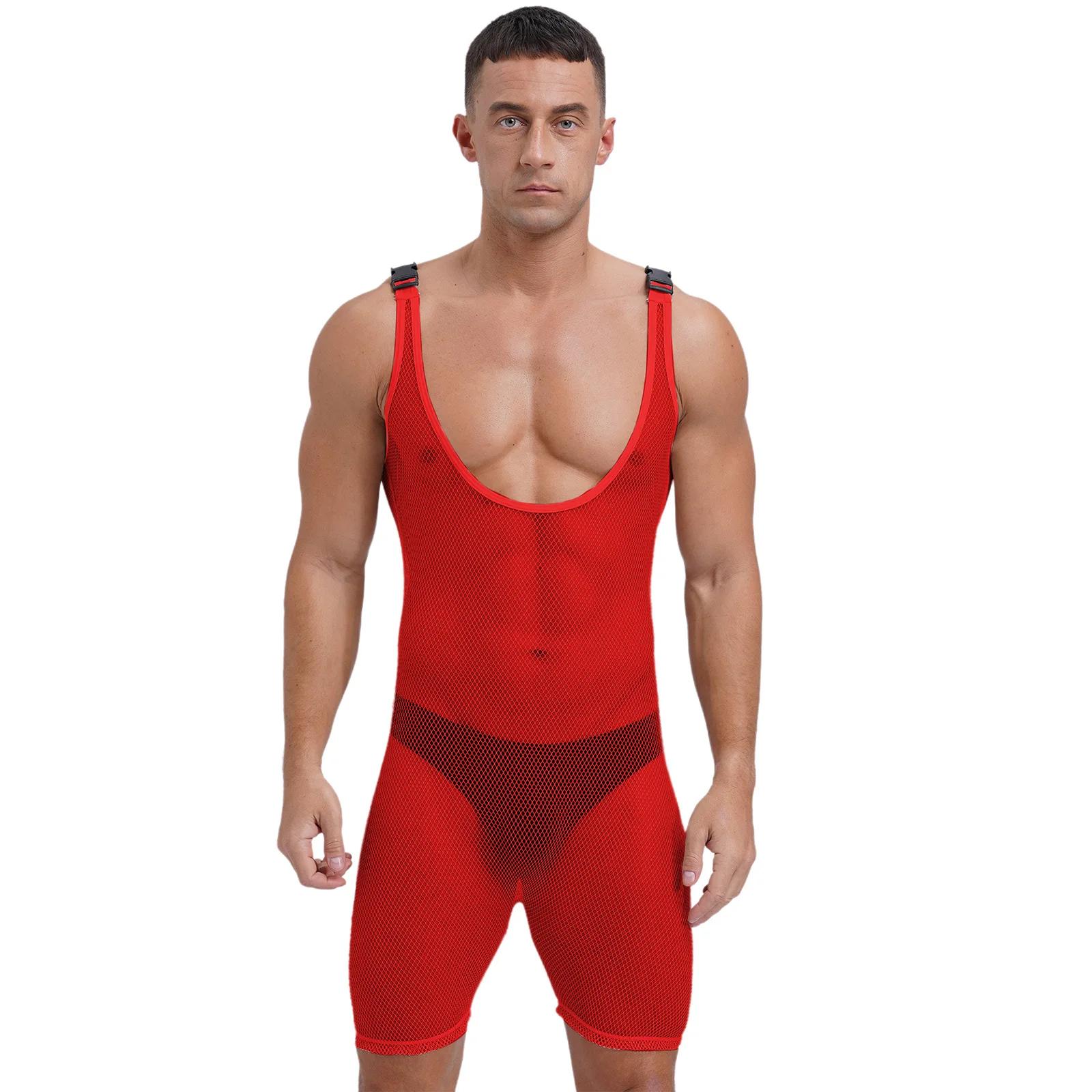 

Men Hollow Out Sheer Mesh Bodysuit One Piece Slim Fit Jumpsuit Sleeveless Boxer Shorts Fishnet Leotard Singlet Wrestling Costume