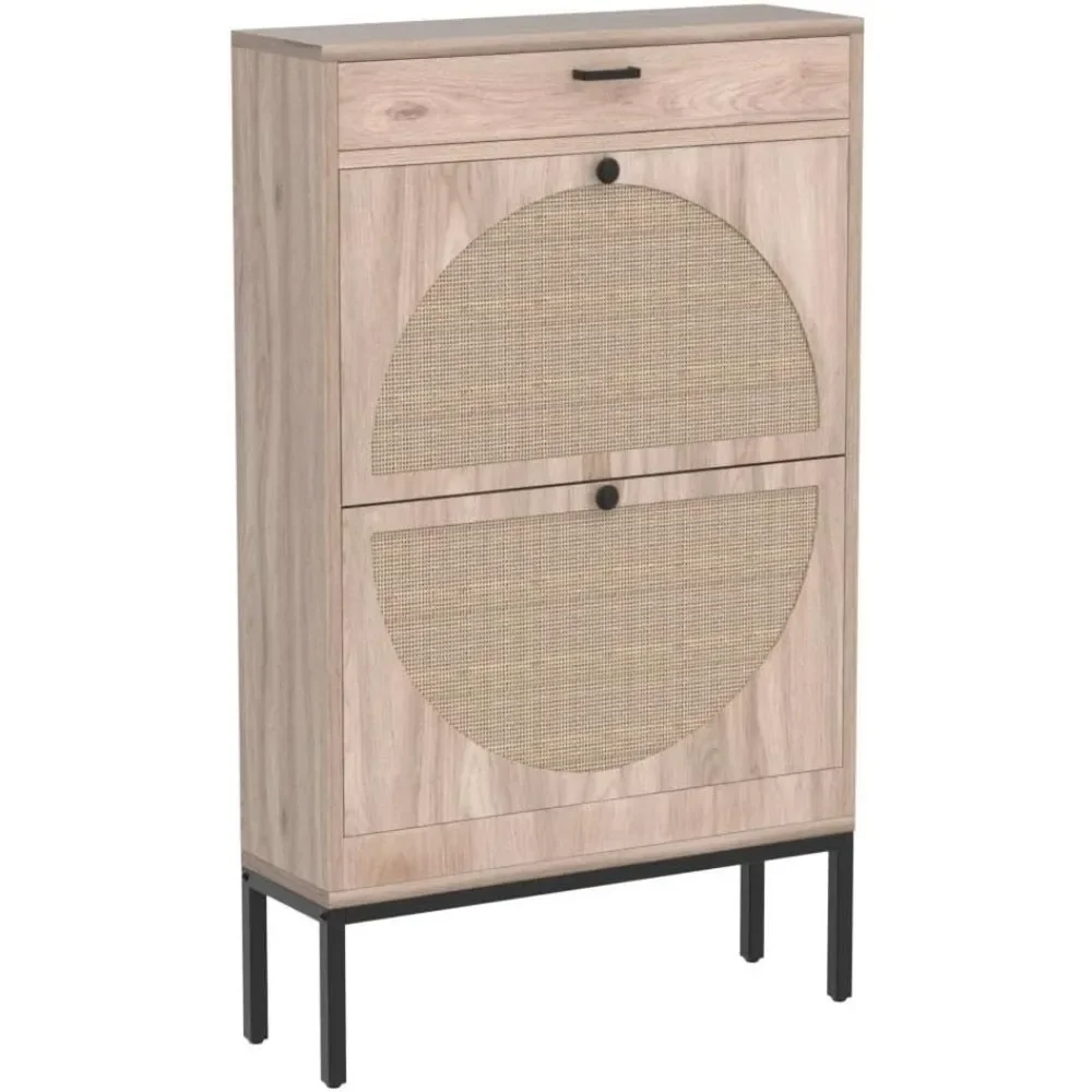 Shoe Storage Cabinet with 2 Flip Drawers&1 Small Drawer, Slim Entryway Shoe Organizer with Half Round Woven Rattan Doors