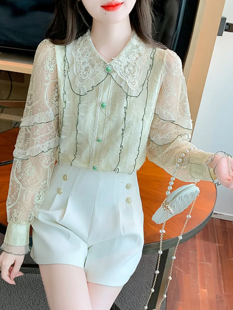 #2597 Vintage Chiffon Womens Tops And Blouses Perspective Long Sleeve Split Joint Ruffles Ladies Blouses France Style Spring