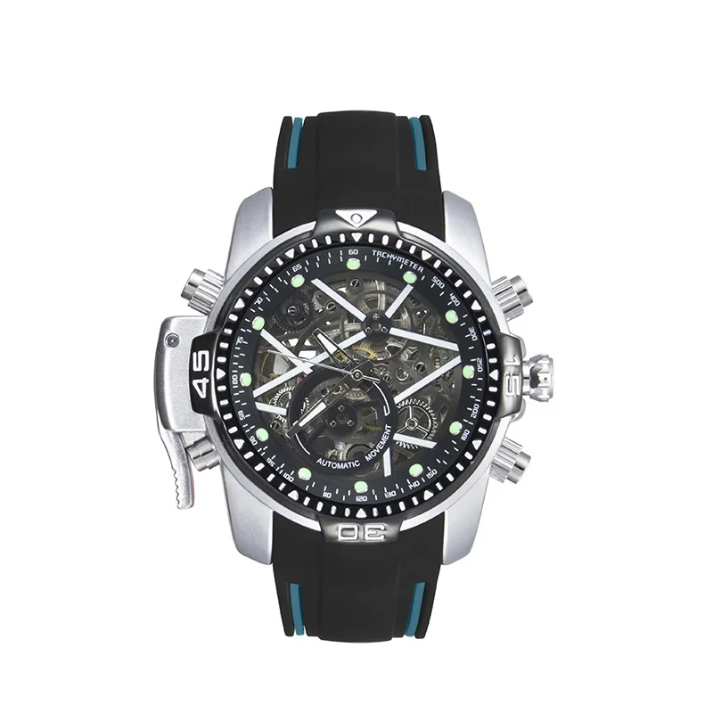 MOBANGTUO Multifunktionale automatische mechanische Herrenuhr, modisch, leuchtend, großes Zifferblatt, Silikonarmband, wasserdichte Armbanduhr