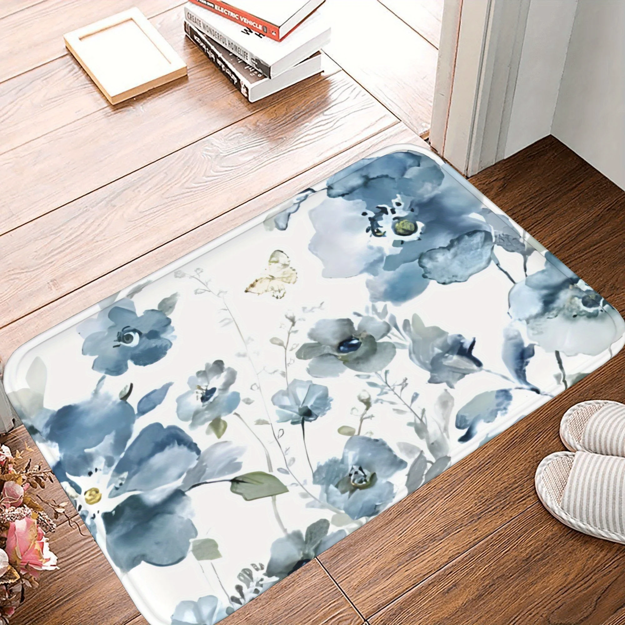 

1pc Anti-Slip Floor Mats - Quick Dry Soft Machine Made Blue Floral Pattern for Bathroom, Kitchen, Laundry Room, Porch