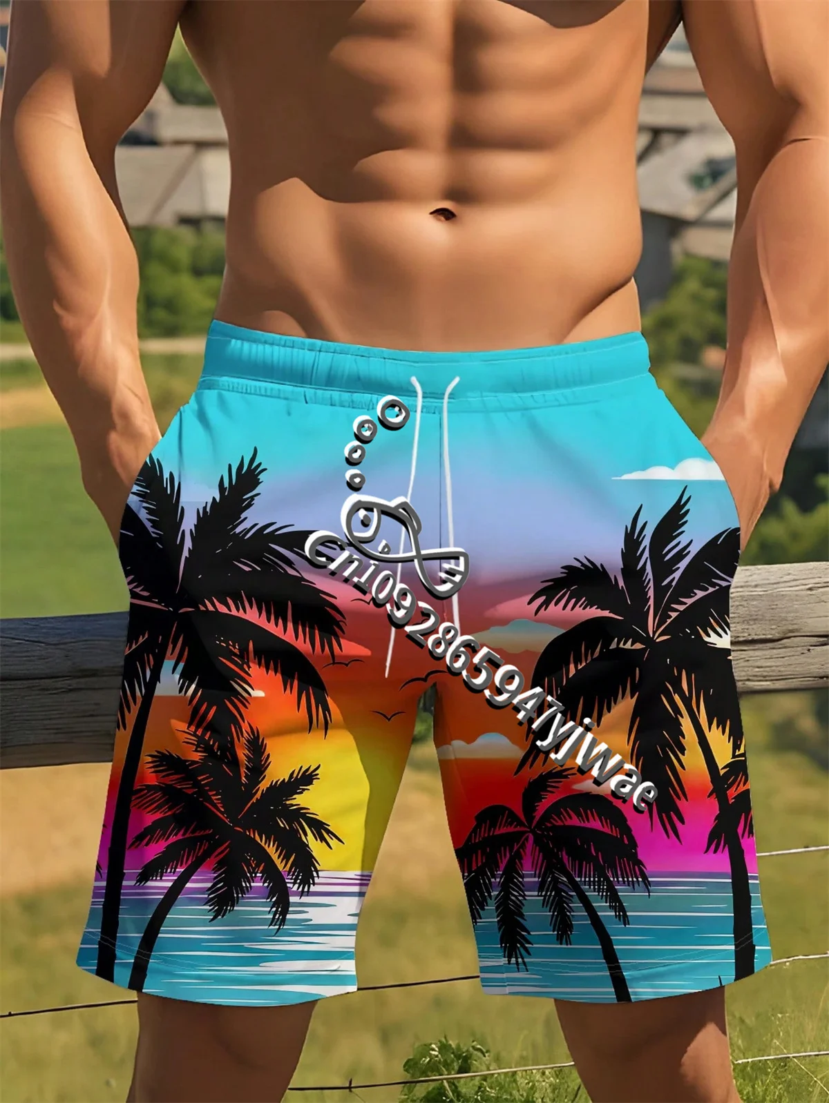 

Men's Palm Tree Print Drawstring Waist Beach Shorts Speed Drying Outdoor Sports Casual Fitness Shorts Summer Vacation Shorts