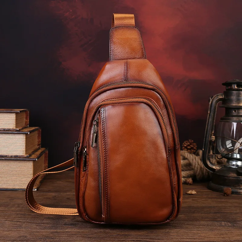Vegetable-tanned real leather men's premium breast bag multi-pocket large capacity travel diagonal backpack