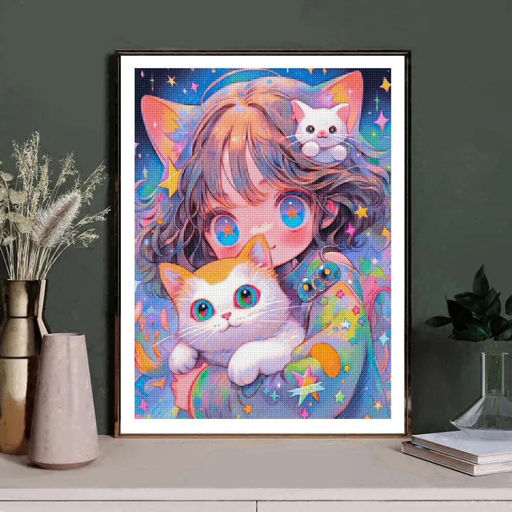 5D DIY Cartoon AB Diamond Painting Cat Girl Full Diamond Mosaic Embroidery Cute Elf Animal Cross Stitch Set Art Home Decoration