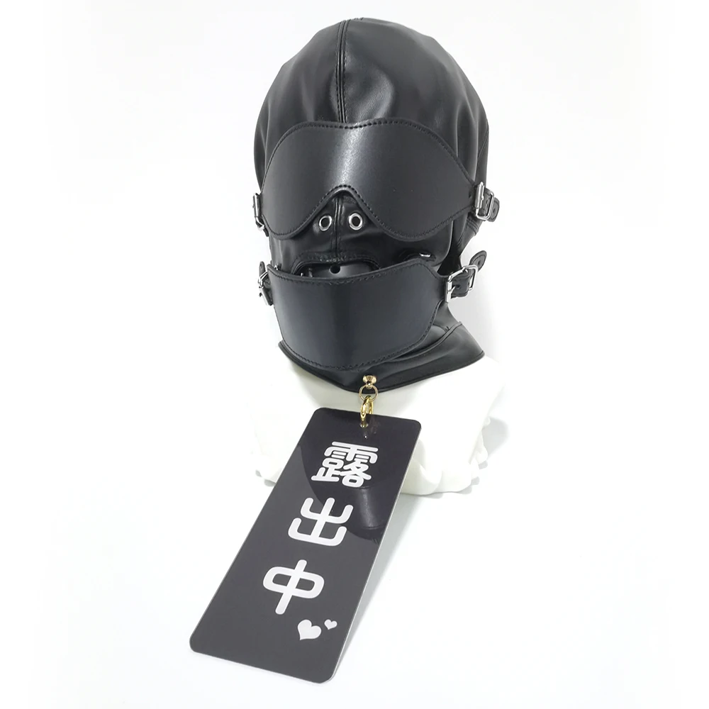 BDSM Bondage PU Leather Lockable Hood Mask Mouth Gag With Dog Tag Funnel Sensory Deprivation Head Hood Sex Toy