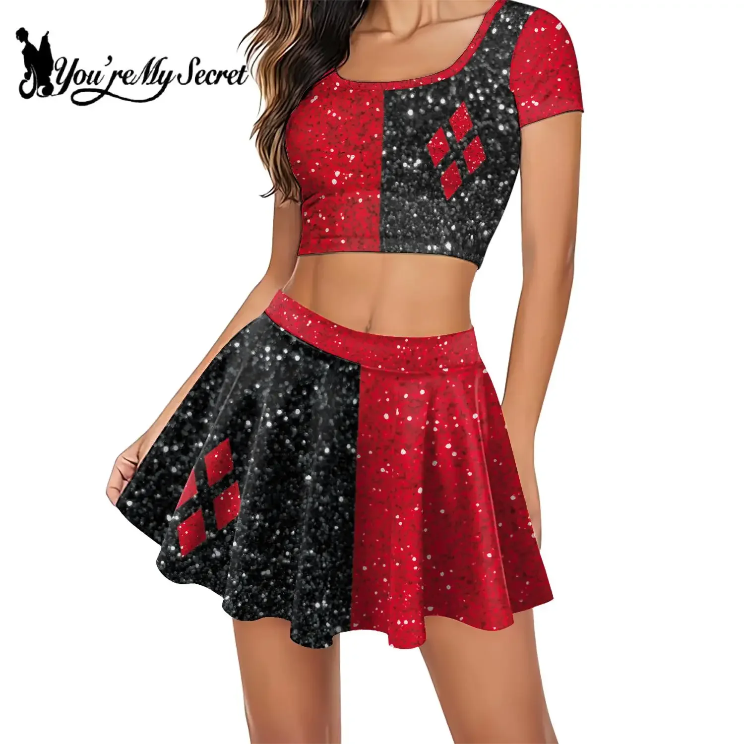 [Du bist mein Geheimnis] Film Clown Harley Frauen Anzug Joker Held Halloween Cosplay Kostüm Crop Top Faltenrock Zweiteilige Sets