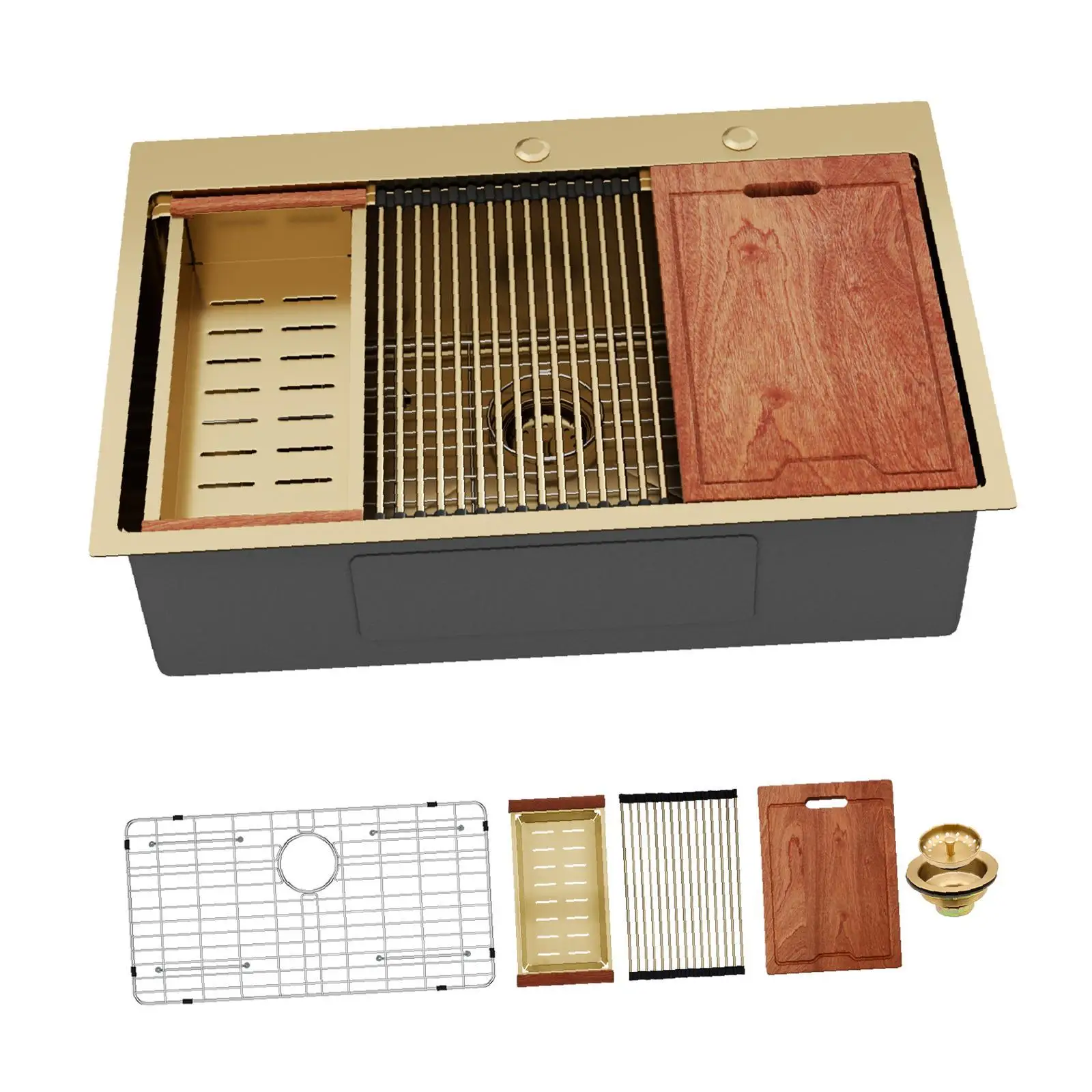 

Modern Gold Kitchen Sink 33x22 Inch Stainless Steel Single Bowl Workstation Sink for Efficient Kitchen Use