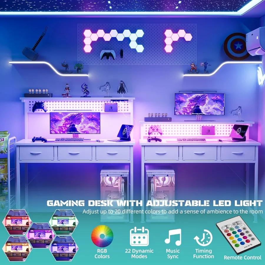 مكتب كمبيوتر حديث مقاس 40 بوصة مع أدراج مخرج طاقة متكامل وإضاءة LED للألعاب والدراسة وحامل شاشة قابل للتعديل أ #6