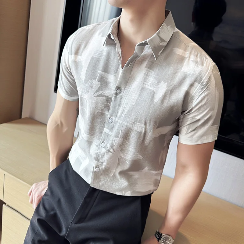 

Big Size Men's Social Shirts Summer New Stylish Print Short Sleeve Shirts For Men Hot Sale Slim Fit Casual Prom Tuxedo Gray 4XL