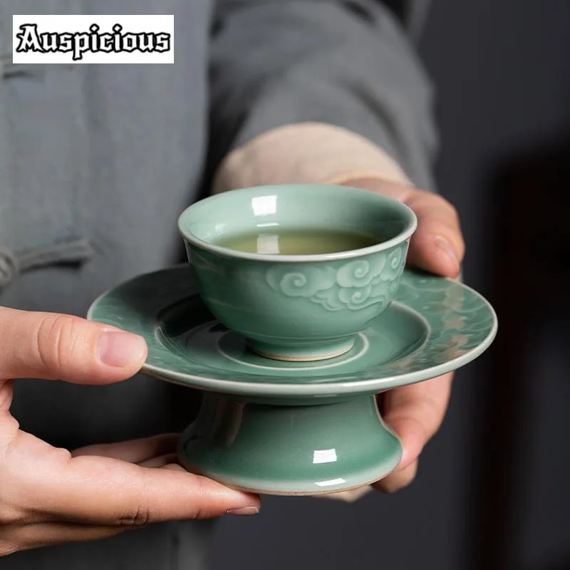 80ML Handmade Longquan Celadon Teacup Aesthetic Auspicious Clouds Master Cup with Holder Set of Cups Jianzhan Tea Ceremony Gifts