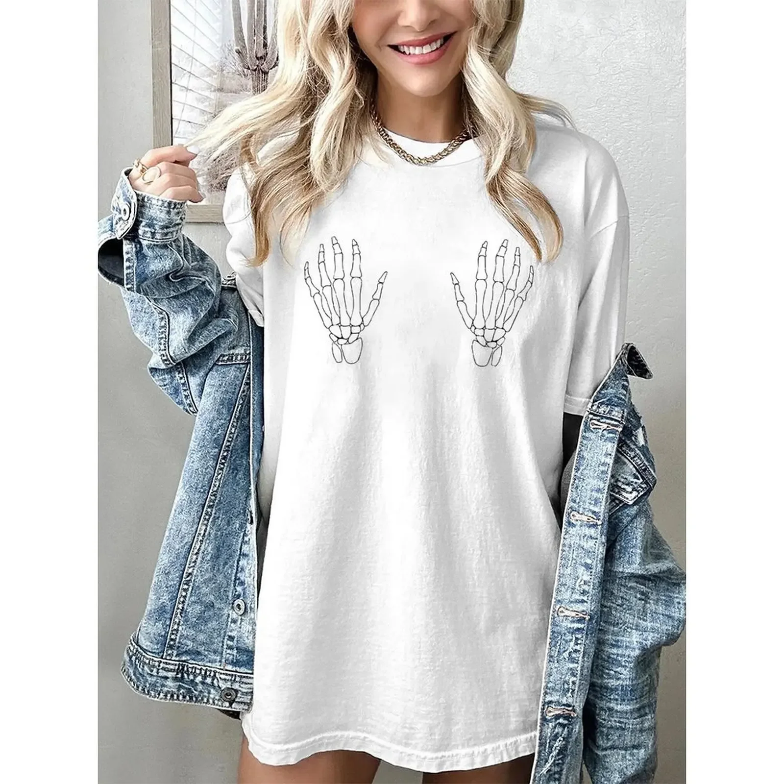

2025 T Shirts Woman Funny Skeleton Print T-shirt Oversized Short Sleeve O Neck Casual Top For Summer Spring Women's Clothing
