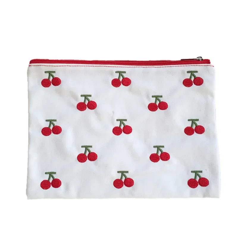 Cherry Embroidery Cosmetic Bags Zipper Lipstick Bag Ins Kawaii Retro Girls Canvas Bag Makeup Case Storage Neceser Organizer