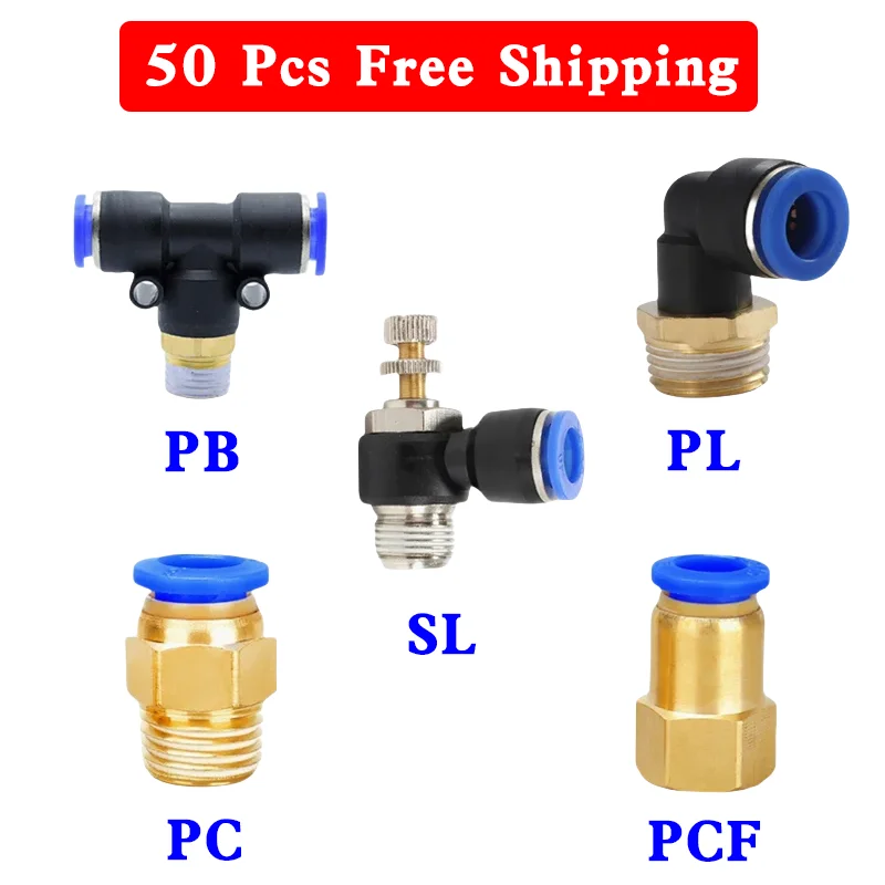 50 Pcs Pneumatic Air Connector Fitting PC/PCF/SL/PB/PL 4 6 8 10 12 Thread 1/8 1/4