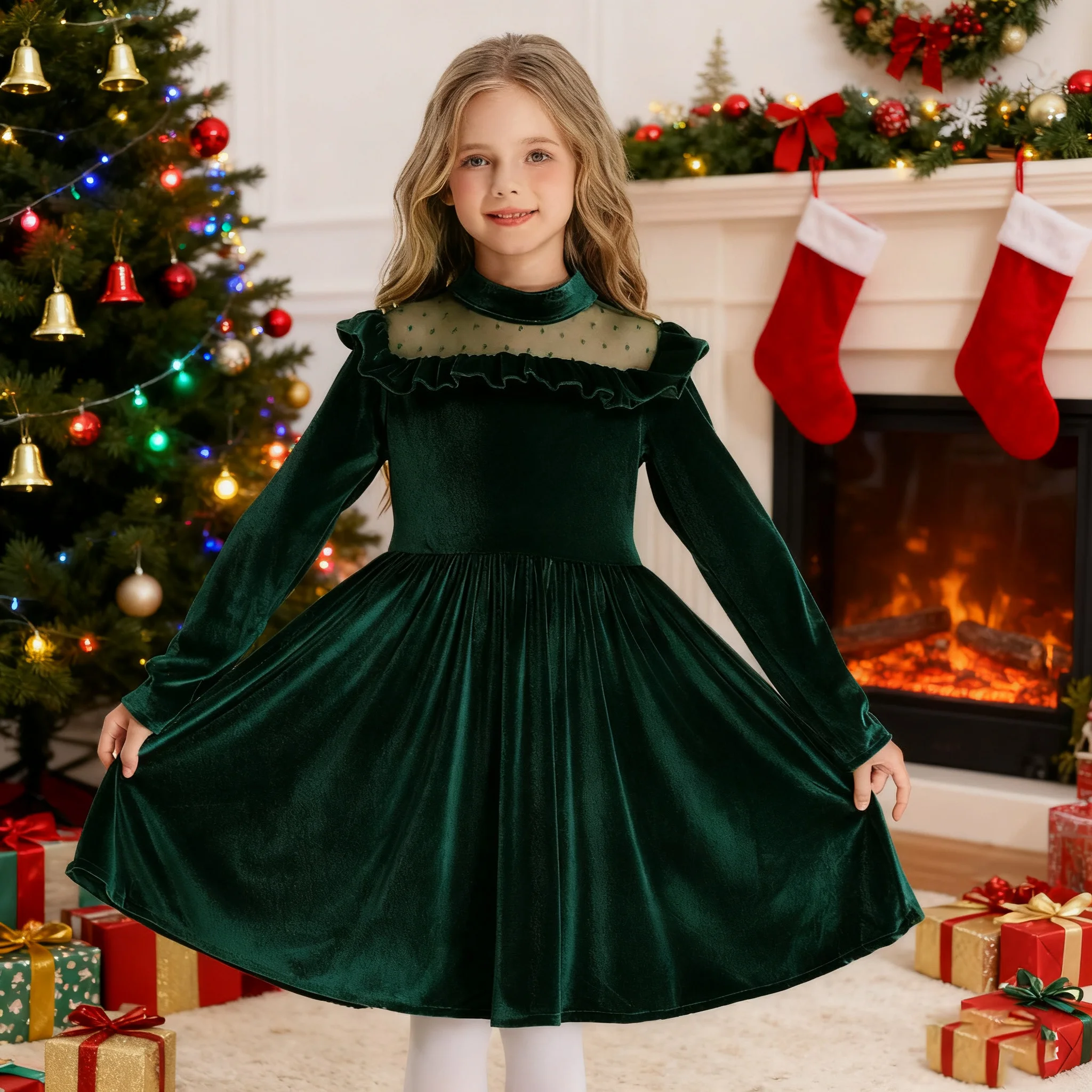 

Girls Ruffled sleeve long dress for formal occasion Girls princess Christmas costume party performance outfit festival kid dres