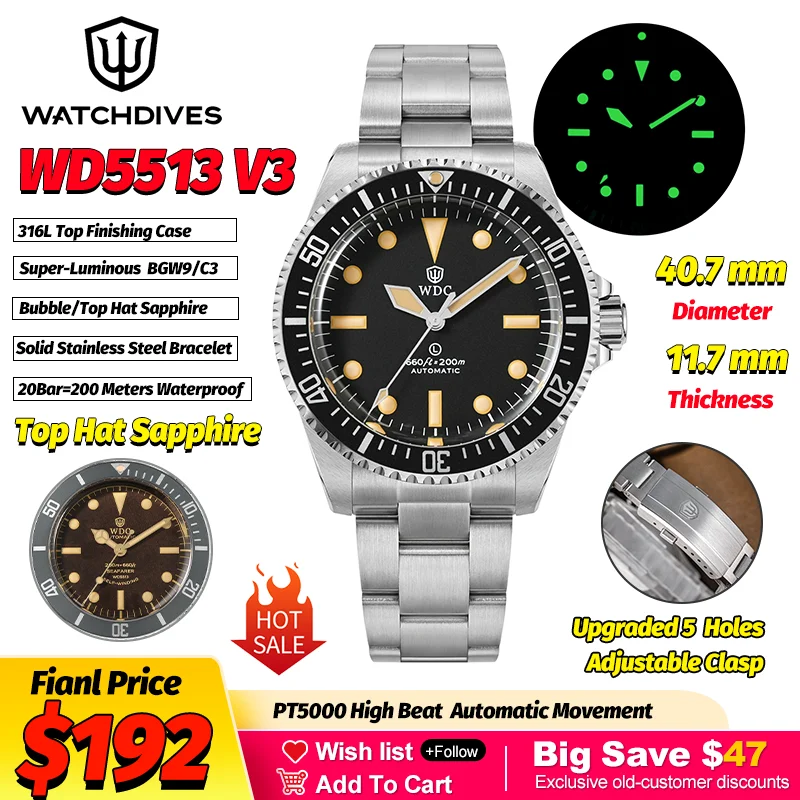 Watchdives WD5513B V3 40Mm Sub Dive Watch PT5000 Automatic Watch Sapphire 20Bar Waterproof 316L Steel Vintage Mechanical Watches