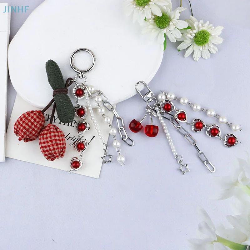 1Pc Y2K Harajuku Cherry Pearl Heart Tassel Keyring Creative Cherry Keychain Pendant Girls Fashion Versatile Bag Hanging Ornament