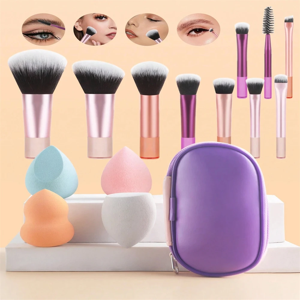 Ensemble de 10 mini pinceaux de maquillage avec poignée portable transparente pour poudre libre, fard à joues, fard à joues, fard à paupières, comprend 4 bouffées