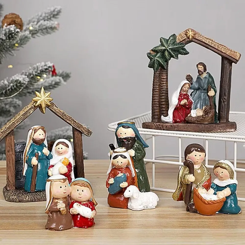 Creative Classic Holy Family Figurine Cute Cartoon Christmas Manger Ornaments Decorative Jesus Christ Figurine Christmas
