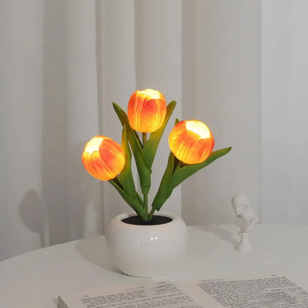 3 Heads Led Simulation Tulip Night Light With Vase, Novelty Fake Flower Pot Table Lamp Ornaments, For Home Nursery Weeding Decor