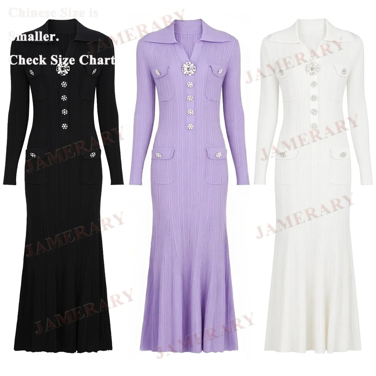 

Autumn Long Sleeve Knitted Sweater Sheath Dresses Women Singel Breasted Crystal Diamon Button Mermaid Midi Dress Knitwear