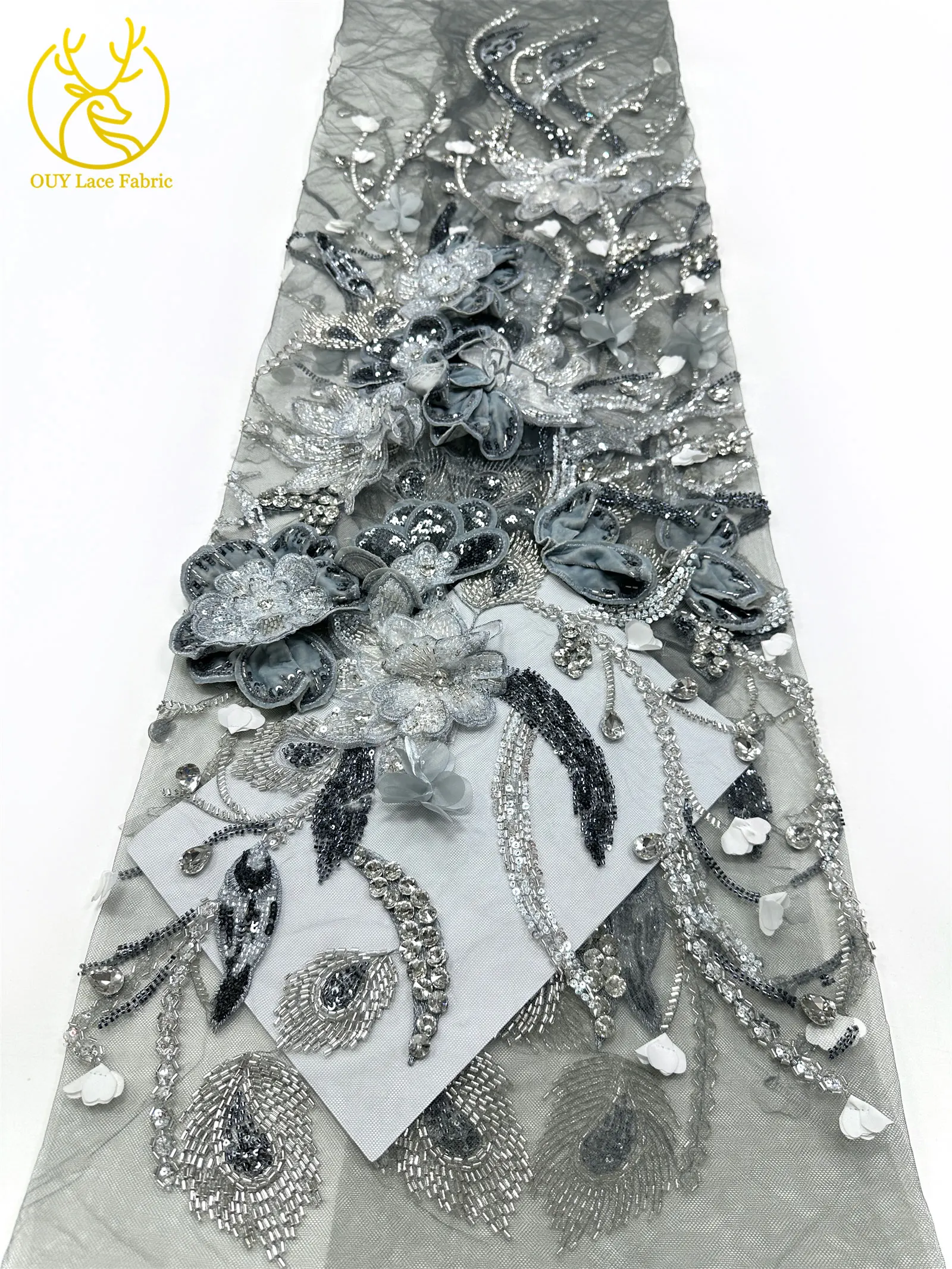 Handgefertigter Luxus Maßgeschneiderter 3D-Stickerei-Blumen-Edelstein-Spitzenstoff Afrikanischer Perlen-Pailletten-Spitzenstoff für Brautkleider – Detail 14