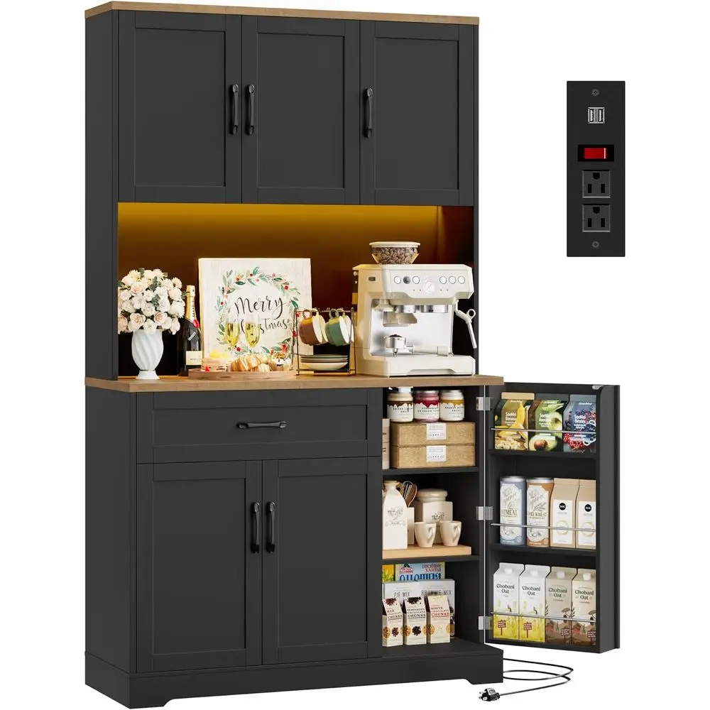 

Светодиодный кухонный шкаф-буфет с розеткой, высокий шкаф для хранения с подставкой для микроволновки и 6 дверцами-полками, шкаф-буфет с подсветкой