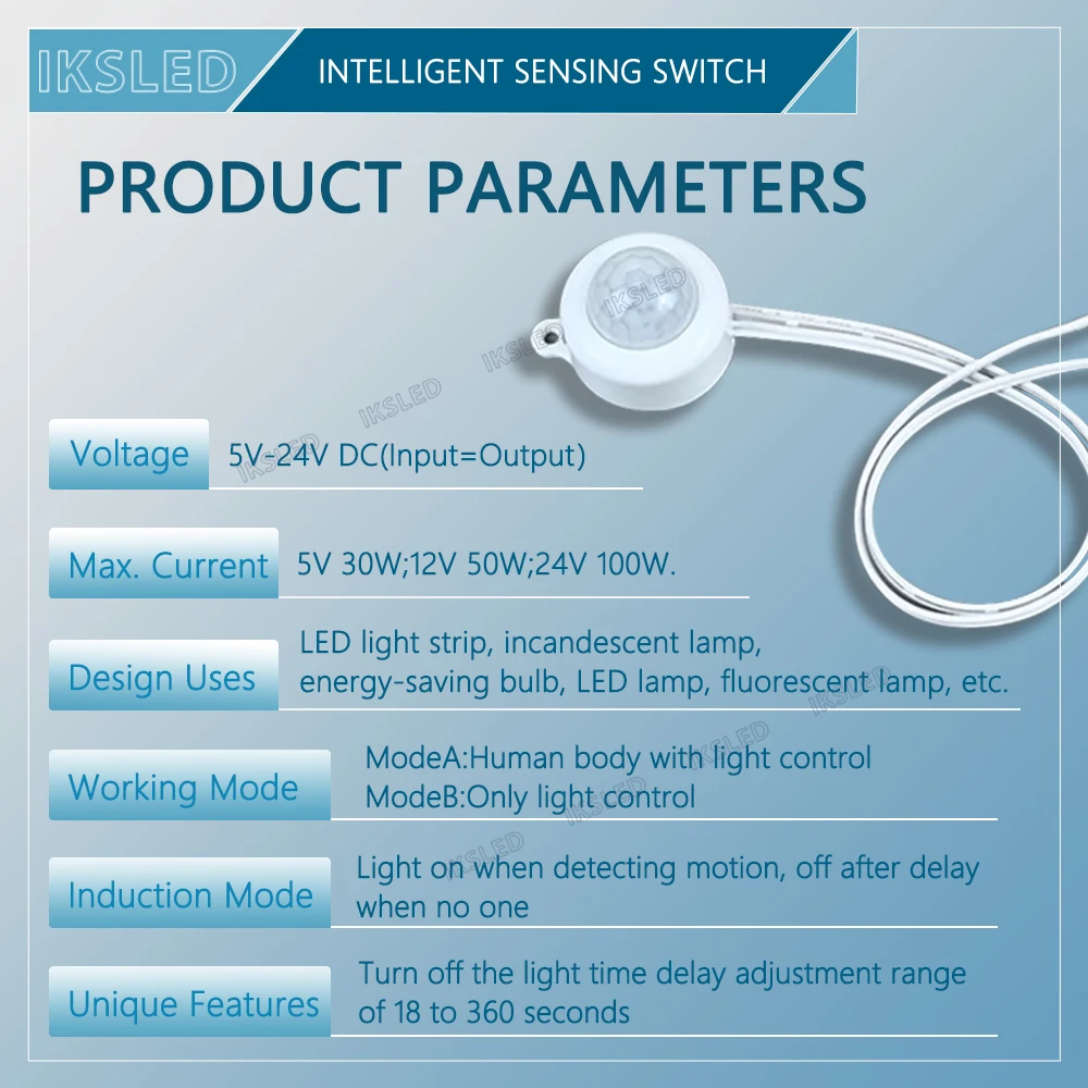 Mini interruttore sensore di movimento PIR LED, controller interruttore LED attivato a infrarossi DC6-24V 2A con cavo di coppia CC per striscia LED
