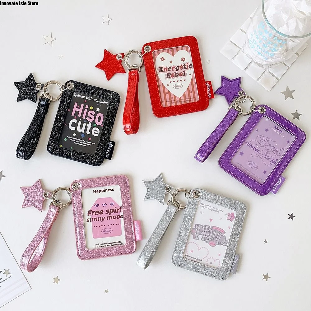 Glitter PU Photocard Holder with Wrist Strap Shiny Star Charm Photocard Case Decoration Waterproof Photocard Display Sleeve
