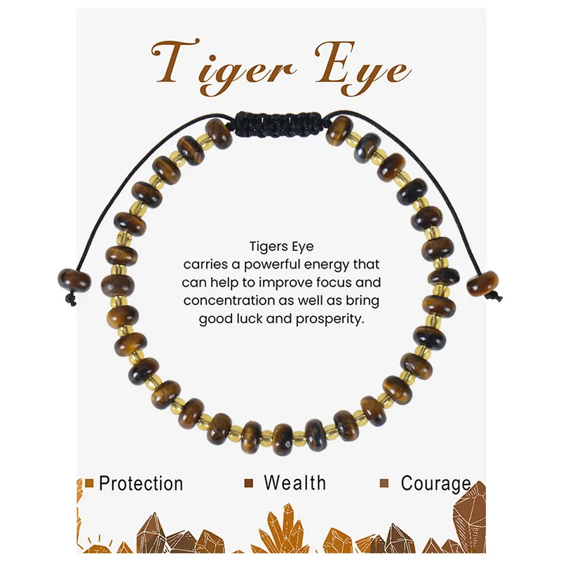 

Natural Tiger Eye Stone Beaded Bracelet Adjustable Rope Handmade Crystal Lucky Protection Wealth Courage Jewelry Gift Men Women