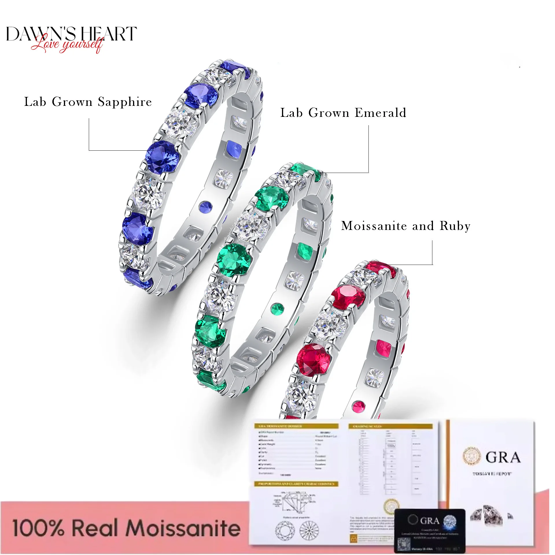 

DAWNS 3mm D Color Moissanite Rings Women Anniversary Gift S925 Sterling Silver Rings Sapphire Ruby Emerald Women Fine Jewelry
