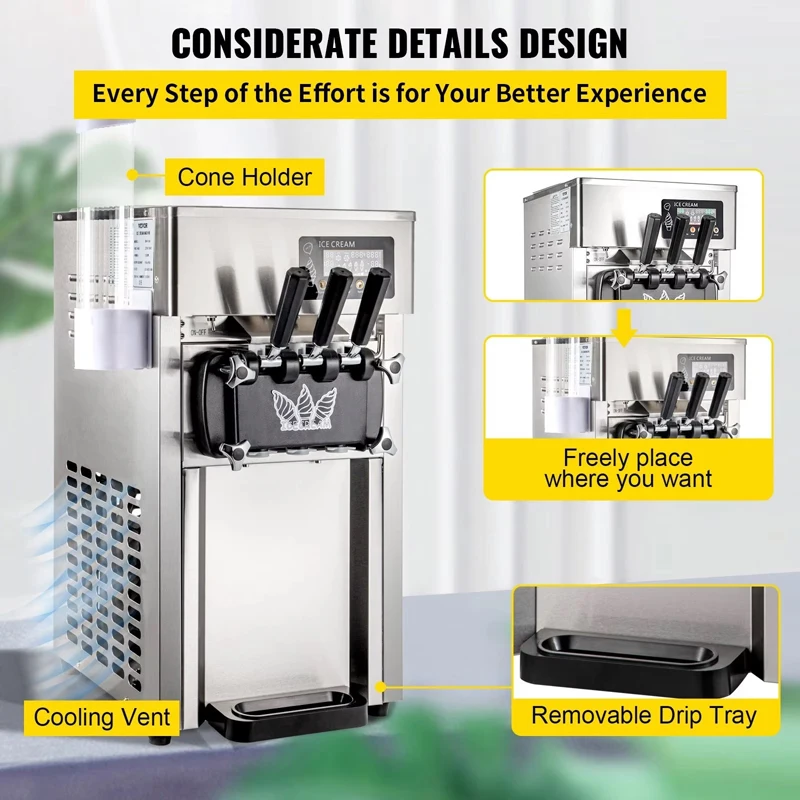 Ice Cream Machine Three Flavors Sweetener Ice Cream Maker Benchtop Gelato Vending Freezing Machine