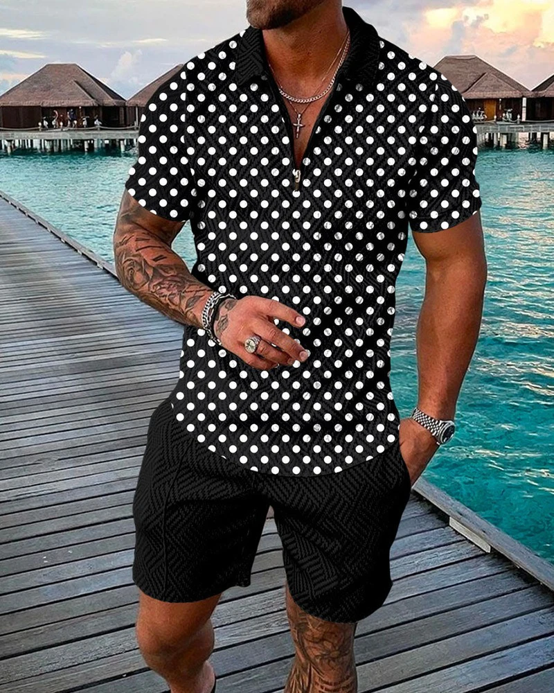 Fato de treino masculino Music Note 3D com zíper estampado, polo da tendência, calções casuais, conjunto streetwear masculino, moda verão, 2 peças