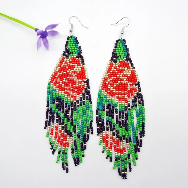 手作りビーズイヤリング レッドローズ柄 手織りタッセル ファッションボヘミアンビーズイヤリング 女性用