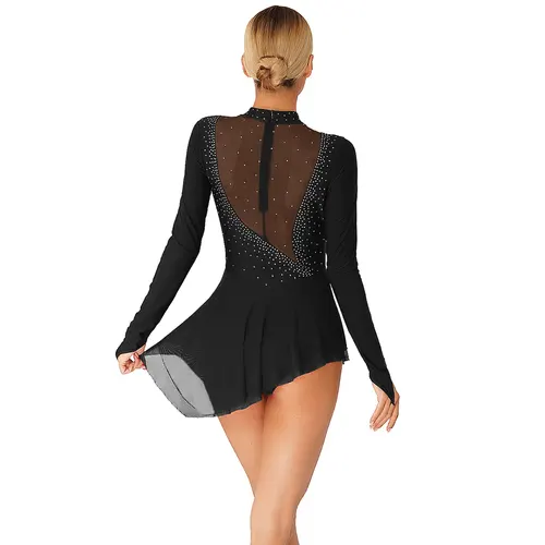Imagen 2 del producto Vestido de patinaje artístico sobre hielo para mujer, traje de competición de Ballet, vestido de retales de malla con diamantes de imitación, vestidos de manga larga con dobladillo Irregular
