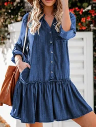 Elegant V Neck Mini Dresses For Women Ladies Loose Solid Pocket Denim Dress 2022 Spring Autumn Long Sleeve Casual Short Dress