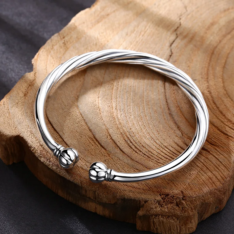S925 Sterling Jewelry Handmade Twisted Rope Bracelet Vintage Thai Silver Open Bangle