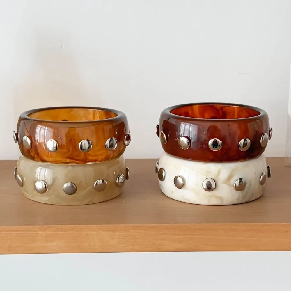 Retro Rivet Resin Bracelet Marbling Geometric Round Cuff Bracelet Exaggerated Thick Chunky Bangle Gifts