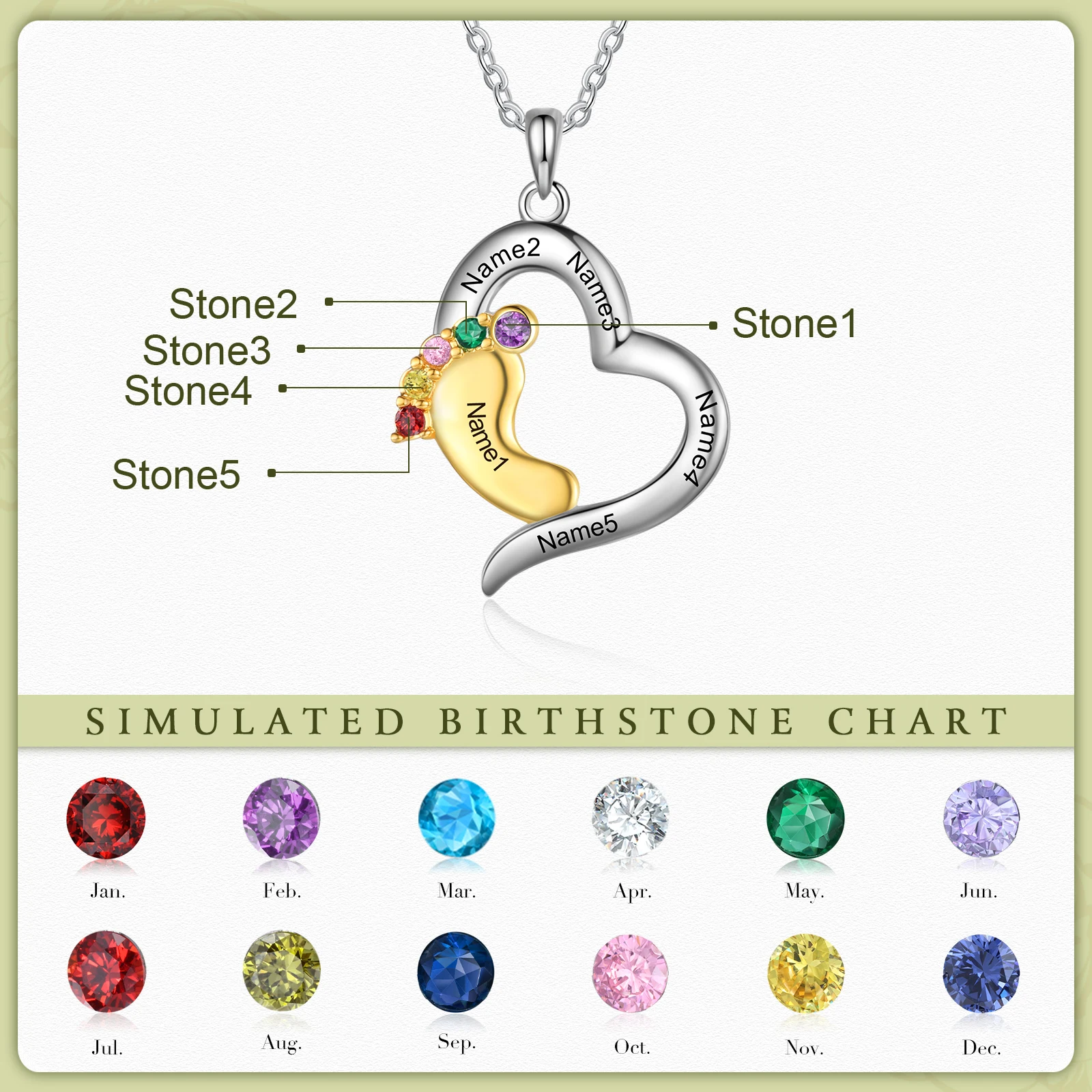 Personalized Gold & Silver Color Baby Feet Heart Necklaces Pendants Custom Engraved Name with 1-5 Birthstones Mothers Day Gifts