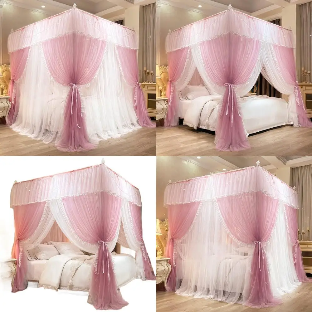 

Роскошные 4-угольные шторы с балдахином и подсветкой, розовые шторы принцессы для полноразмерных кроватей, идеально подходят для спальни для девочек и взрослых