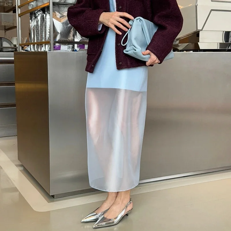 Elegant Patchwork Straight Long Skirts Summer Through Skirts For Women Street Chic Chiffon Slim Skirt Female 2026