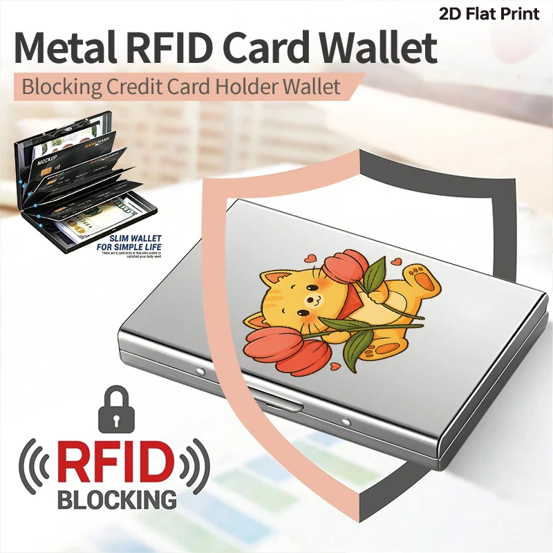 

Кошелек для кредитных карт из высококачественной нержавеющей стали с RFID-защитой, с рисунком котенка с цветами, практичный и эстетичный подарок