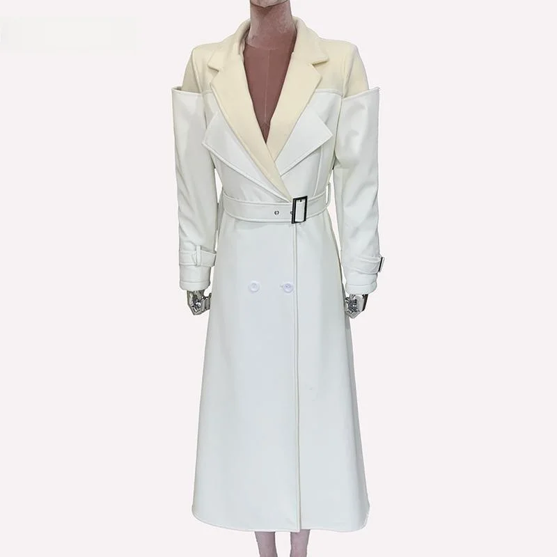 秋冬ロングウールチェック柄PUレザージャケット女性のエレルーズスーツ襟ファッショナブルなアウターコート女性