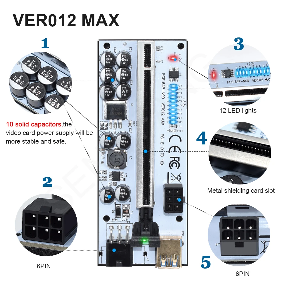 VER009S USB 3.0 PCIE Riser Cartão Adaptador, VER009C PLUS VER010-X VER012 Max Express 16x, SATA 15Pin para 6Pin, mais novo, 1 a 10pcs